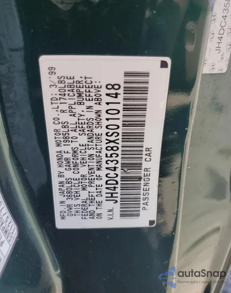 1999 Acura Integra Ls z USA, uszkodzony, nr VIN JH4DC4358XS010148